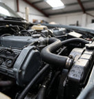 Hose fitted with a jubilee clip in the engine bay of a classic car