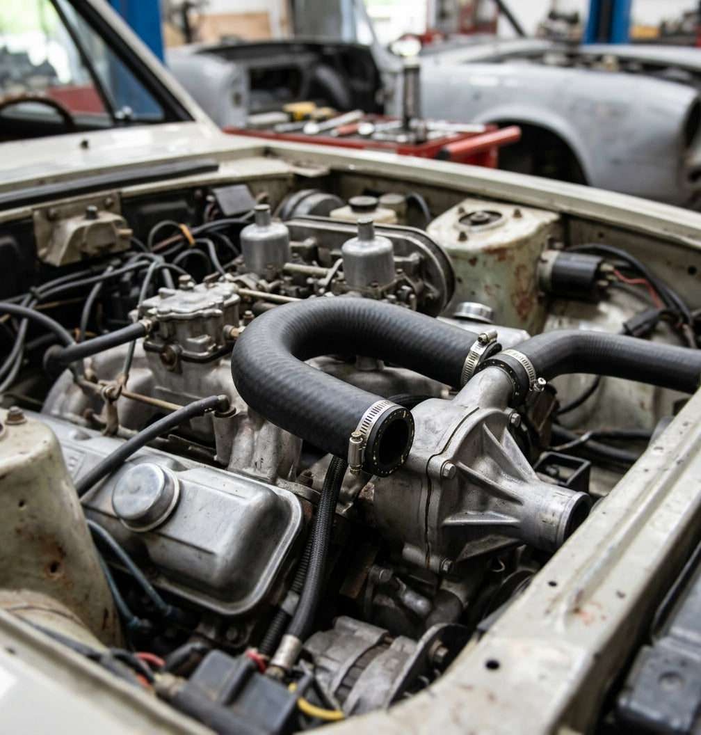 Black hose looping between the water pump cover and inlet manifold on a cream Stag