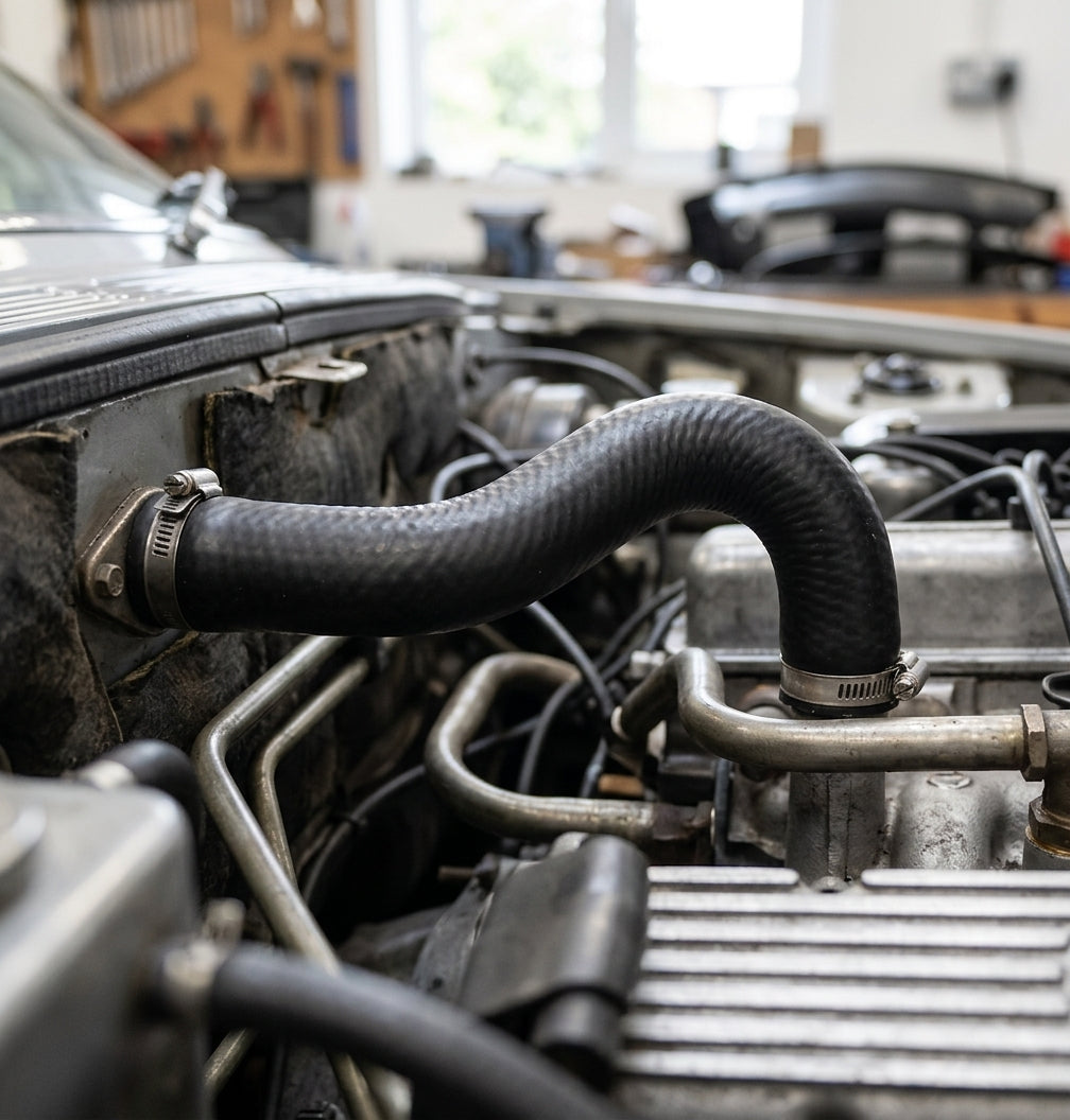 Short black hose arching from the radiator panel to the engine over steel coolant pipes, tool board behind