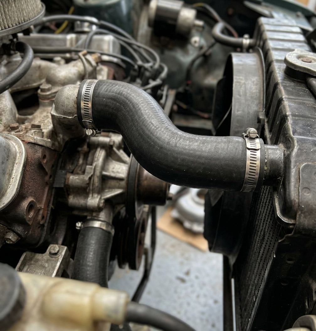 Black rubber hose connecting the radiator to the engine, secured with metal clips