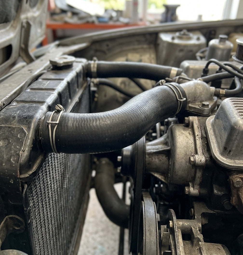 Black hose connecting the radiator to the engine, fitted with jubilee clips