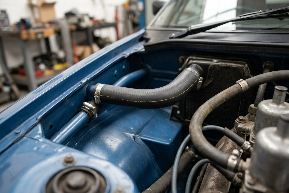 Heater return hose fitted in the engine bay of a blue Triumph TR7