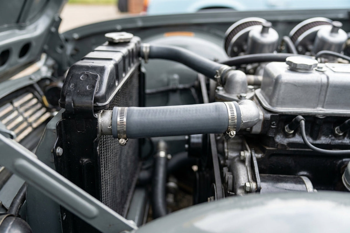 Black hose clamped from the radiator's side tank to the engine, twin carburettors above on a grey Triumph