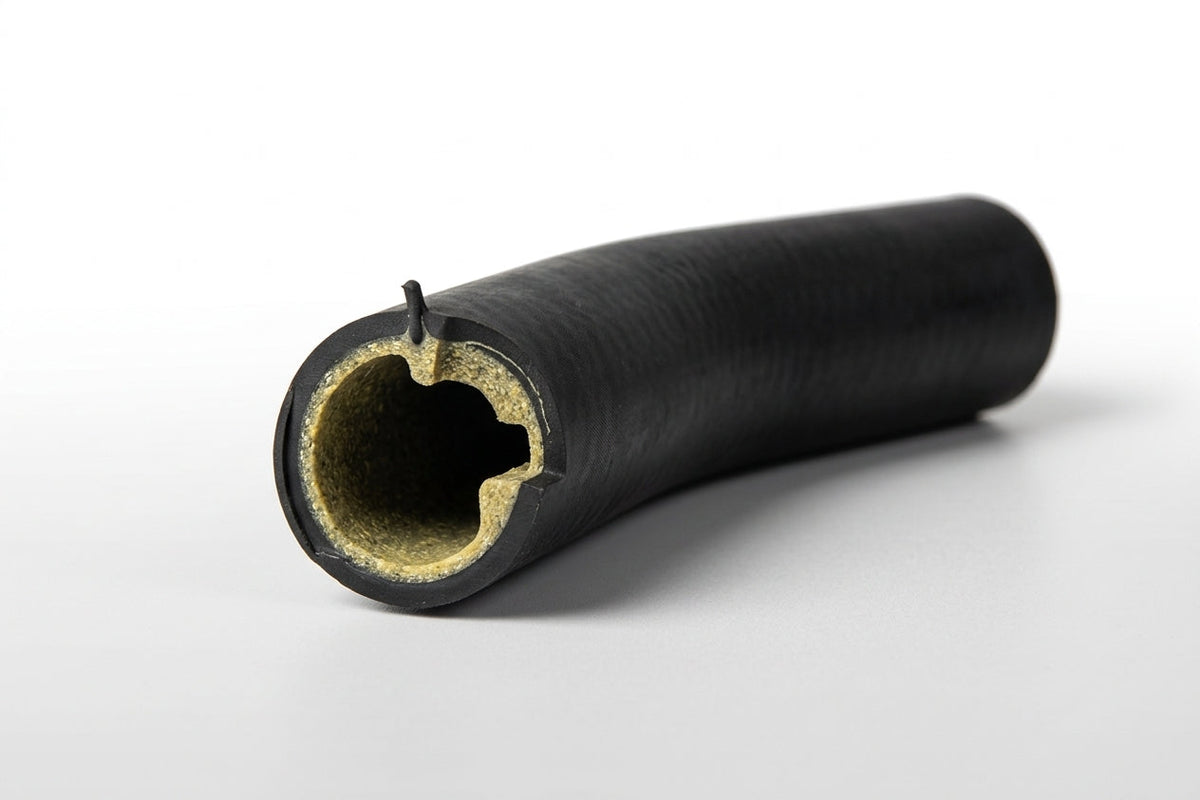 Angled black hose on white with the open bore facing camera, yellow woven reinforcement lining the shaped wall