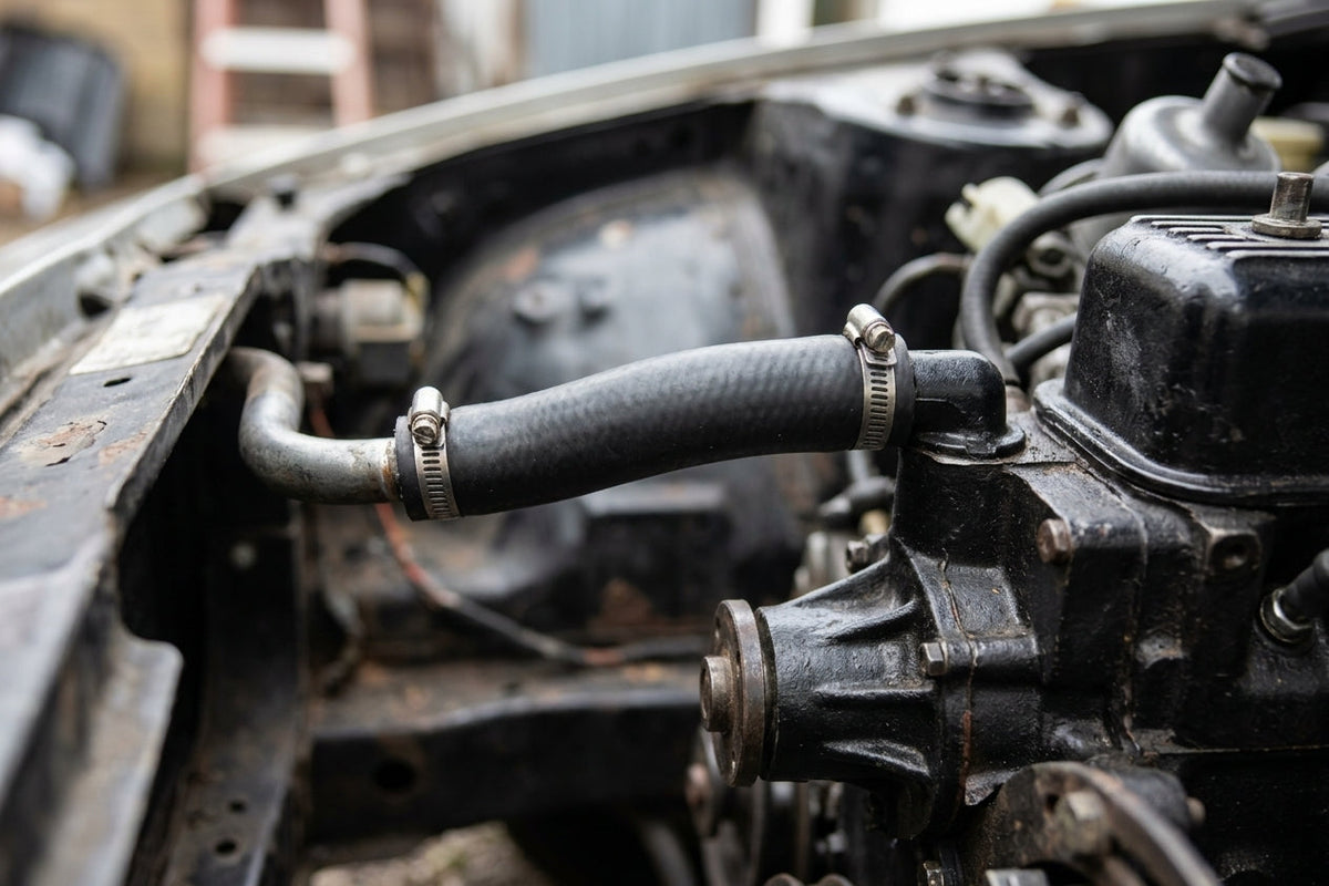 Return hose fitted from steel pipe to water pump on a stripped Triumph TR7