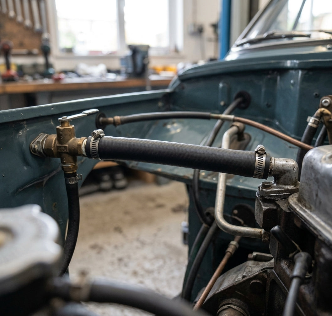 Straight black hose clamped to a brass tap on the teal bulkhead, copper pipes running alongside