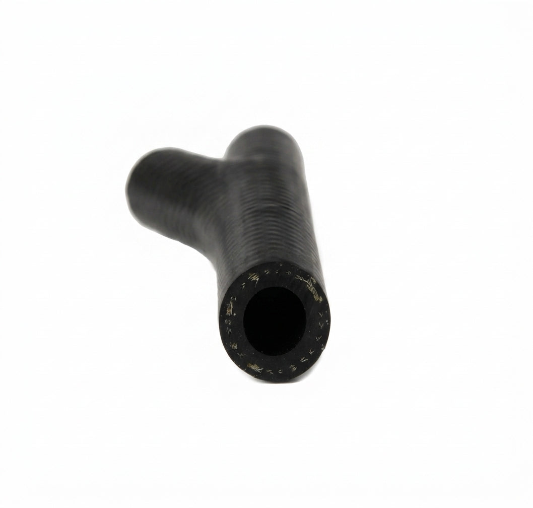 Black Y-shaped rubber hose shown alone, studio shot