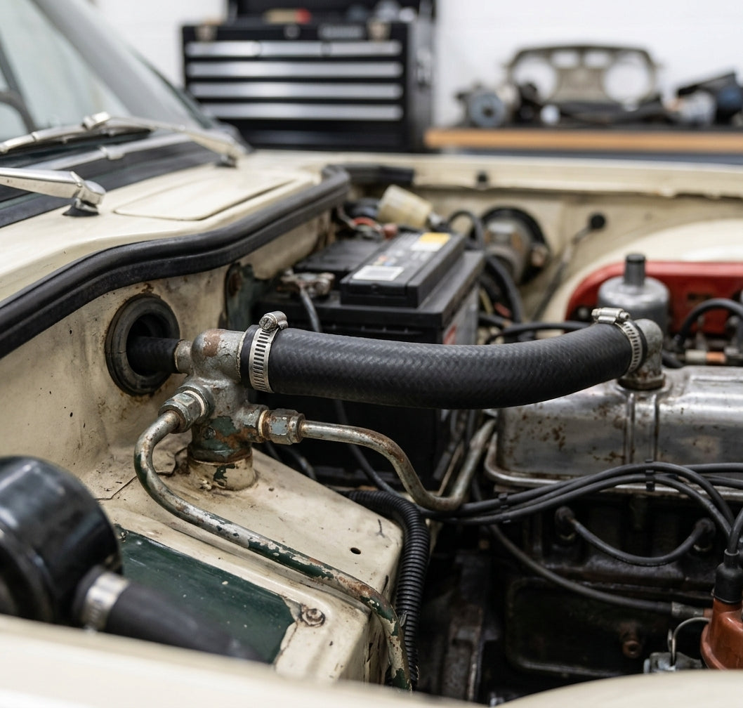 Black Y-shaped hose fitted to the water valve in a classic car engine bay