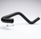 S-shaped black ribbed hose propped on a clear stand, studio white background