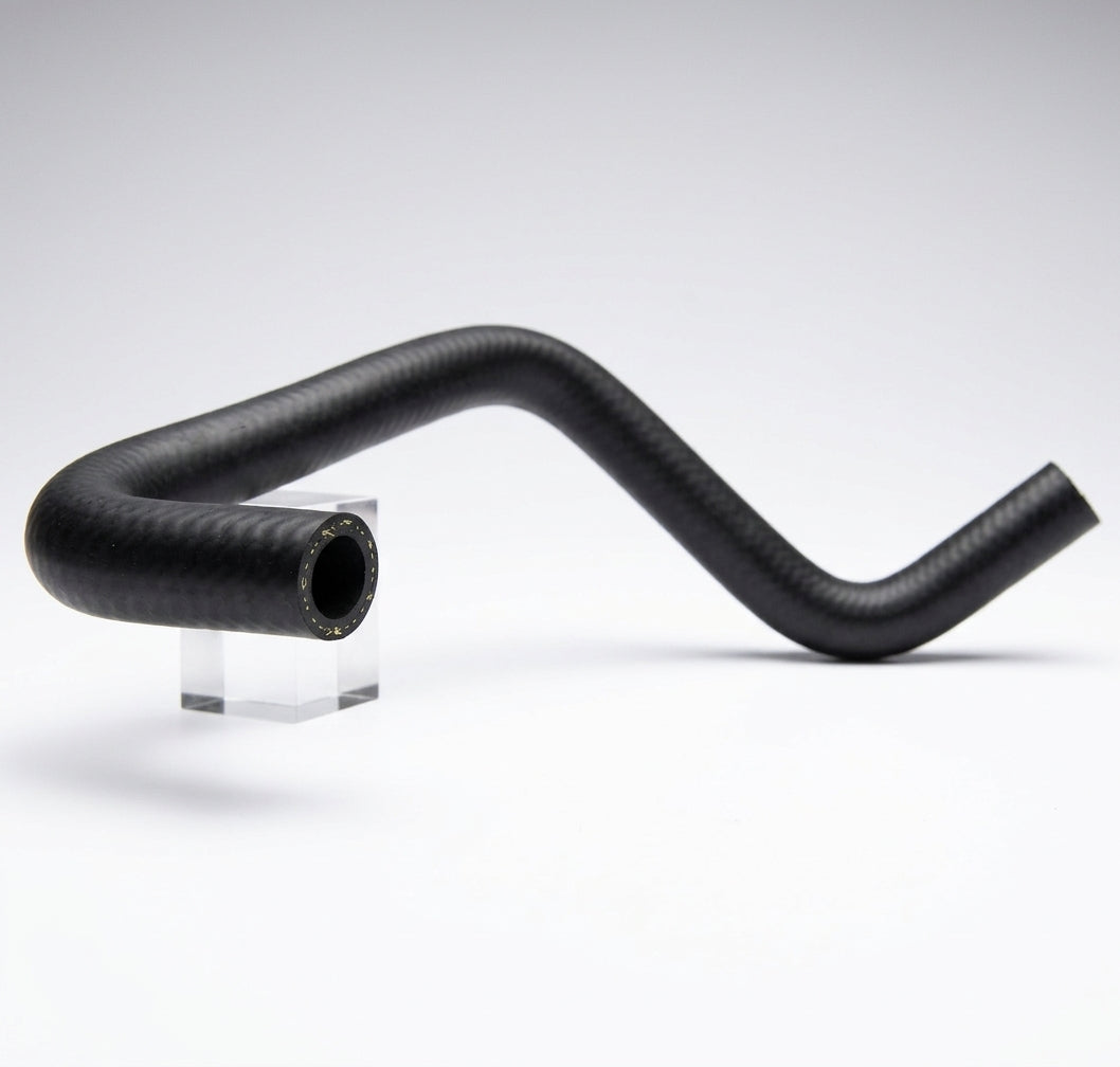 S-shaped black ribbed hose propped on a clear stand, studio white background