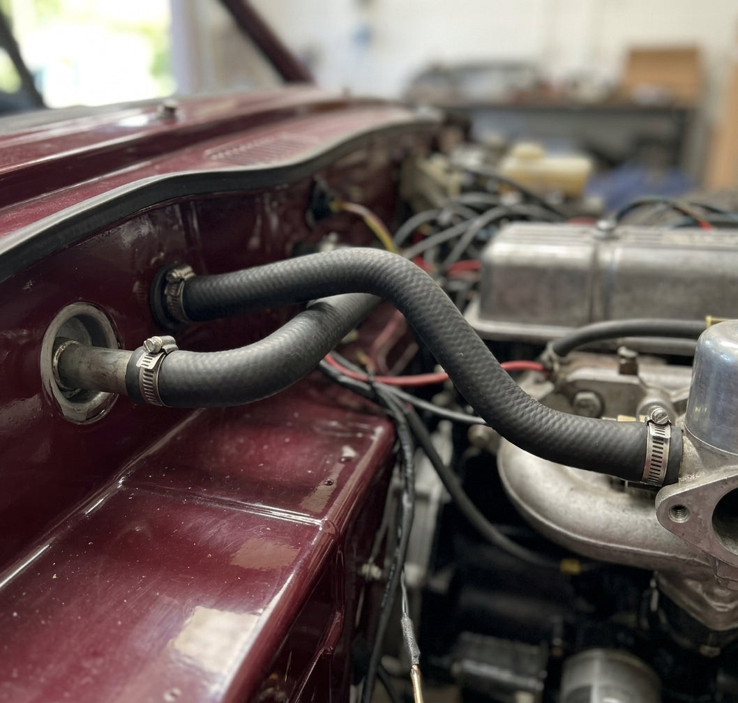 Heater to inlet return hose fitted in situ on a maroon classic car's engine bay