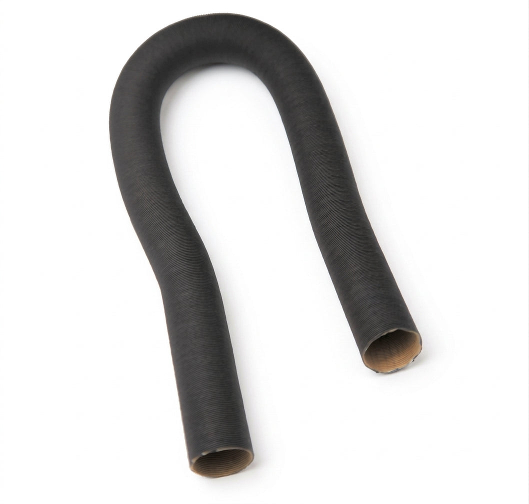 Black corrugated demister hose bent into a U-shape, studio shot on white