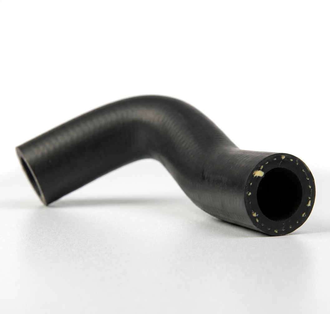 Black heater hose with gentle bend, studio shot showing speckled cut end