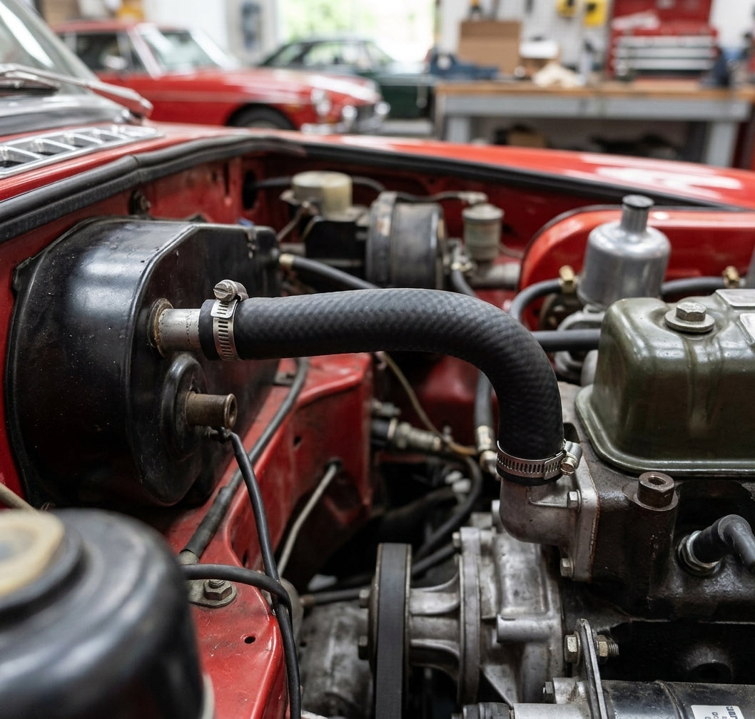 Black heater hose fitted between components in the engine bay of a red classic car