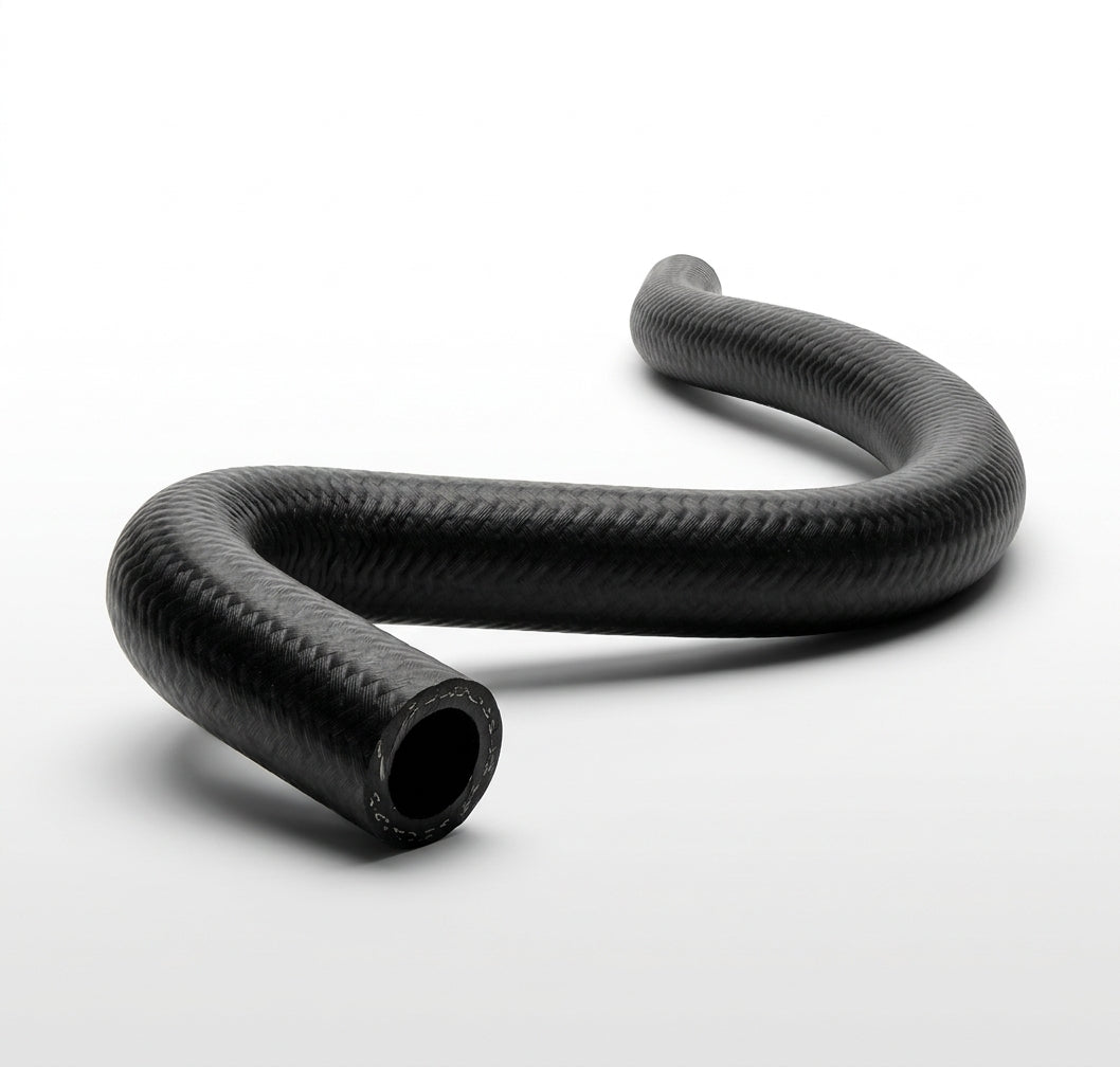S-shaped black ribbed rubber hose, studio shot on white background