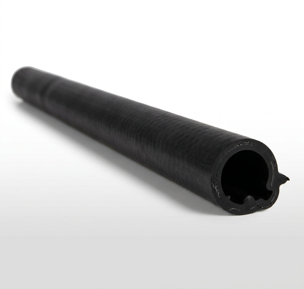 Straight black ribbed heater return hose laid diagonally on white background