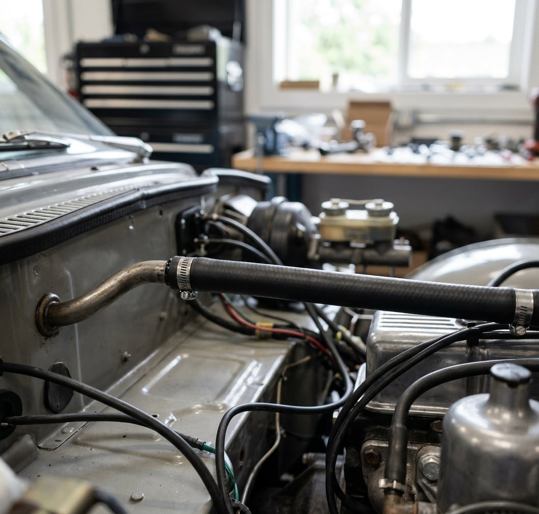 Black ribbed hose joining a curved steel pipe across a bare engine bay, tool chest and bench behind