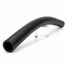 Curved black textured heater hose resting on a clear stand, studio shot