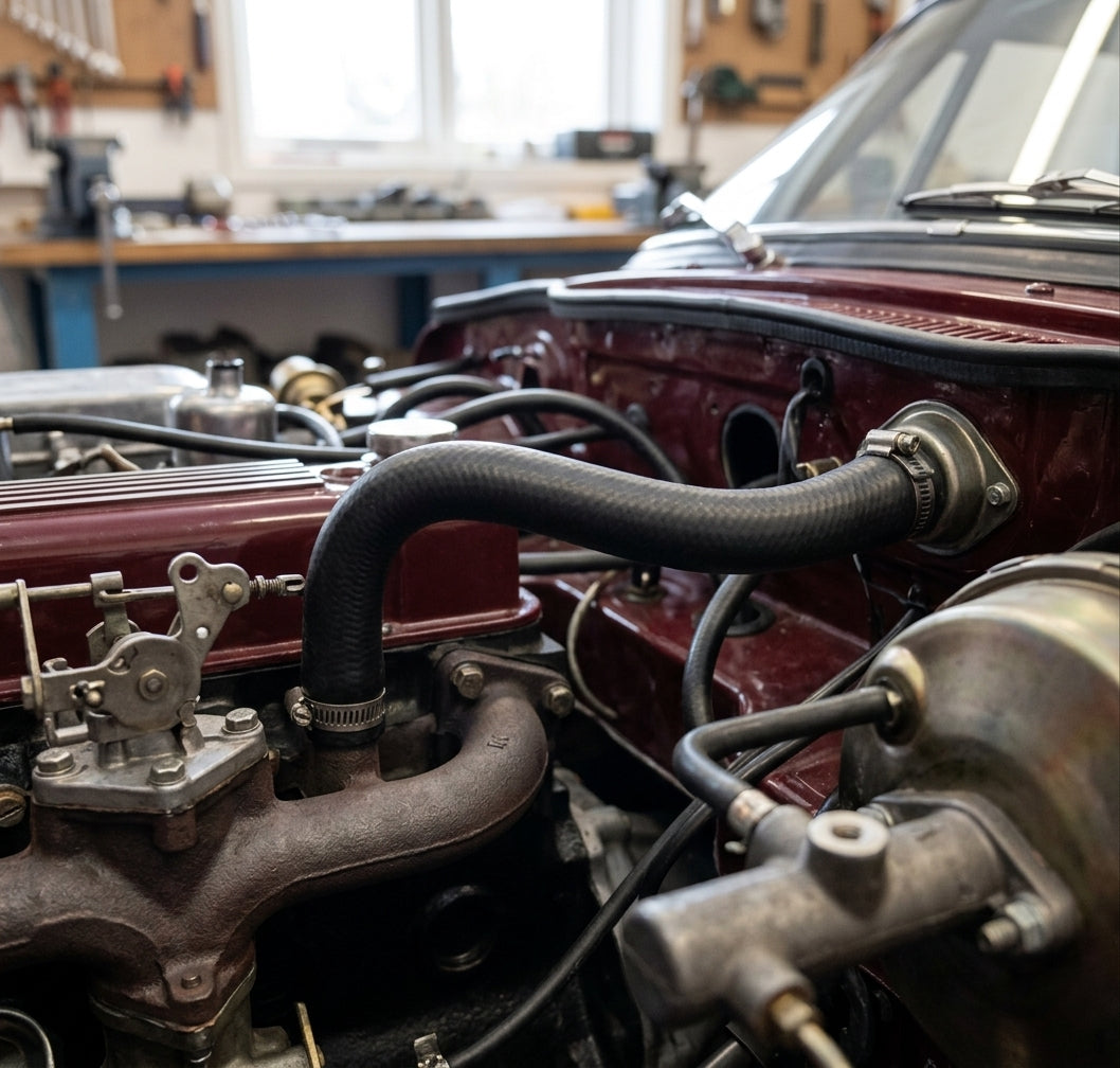 Black heater hose fitted between engine and bulkhead in a maroon classic car