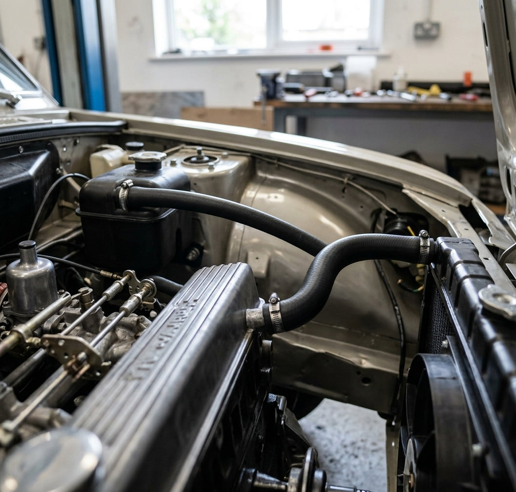 Black hose arcing from the header tank across the inner wing, Triumph-lettered cam cover below, workshop behind