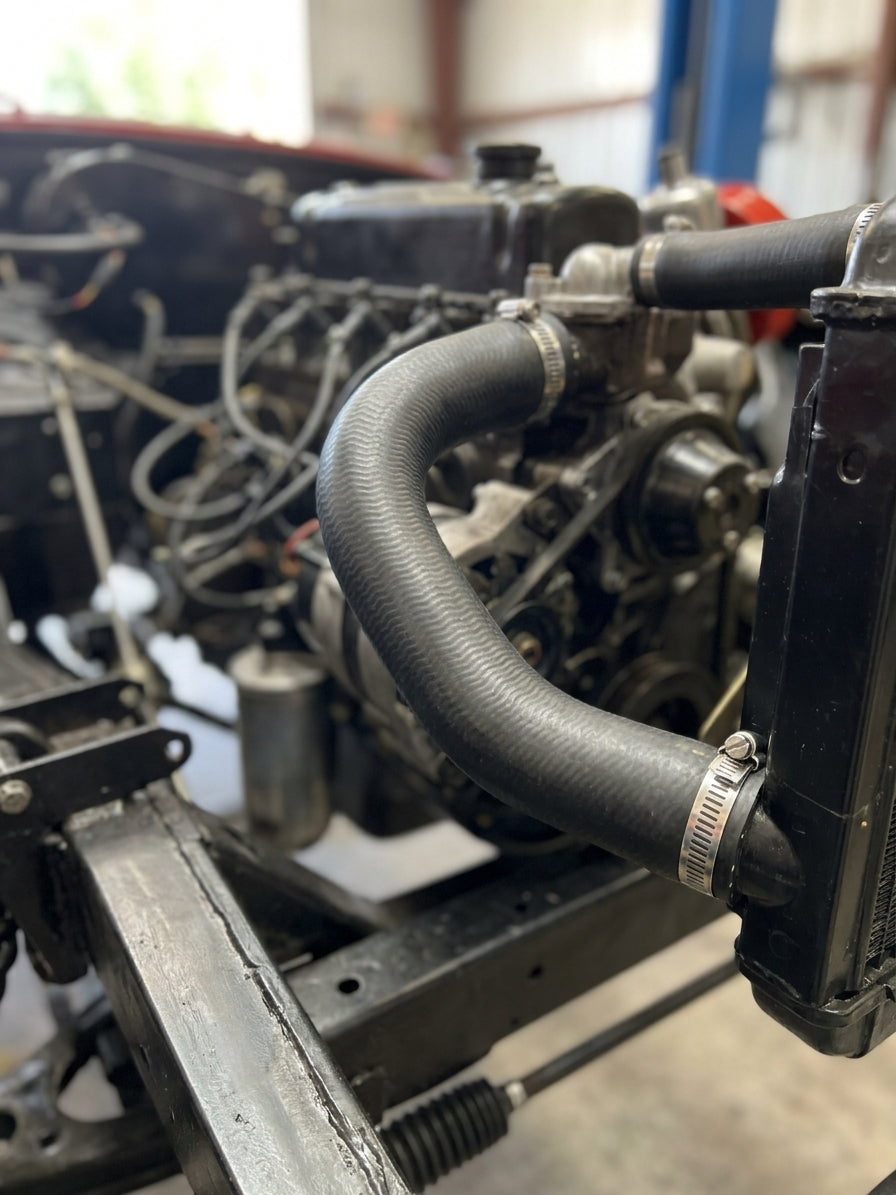 Black hose curving from the radiator's base up to the engine on a bare chassis, clamped at the radiator