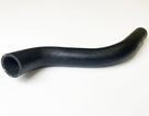 Curved black textured radiator hose with cut end facing left, studio shot