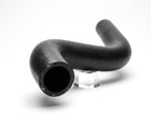 Black textured rubber radiator hose with bent profile, cut end facing camera on studio plinth