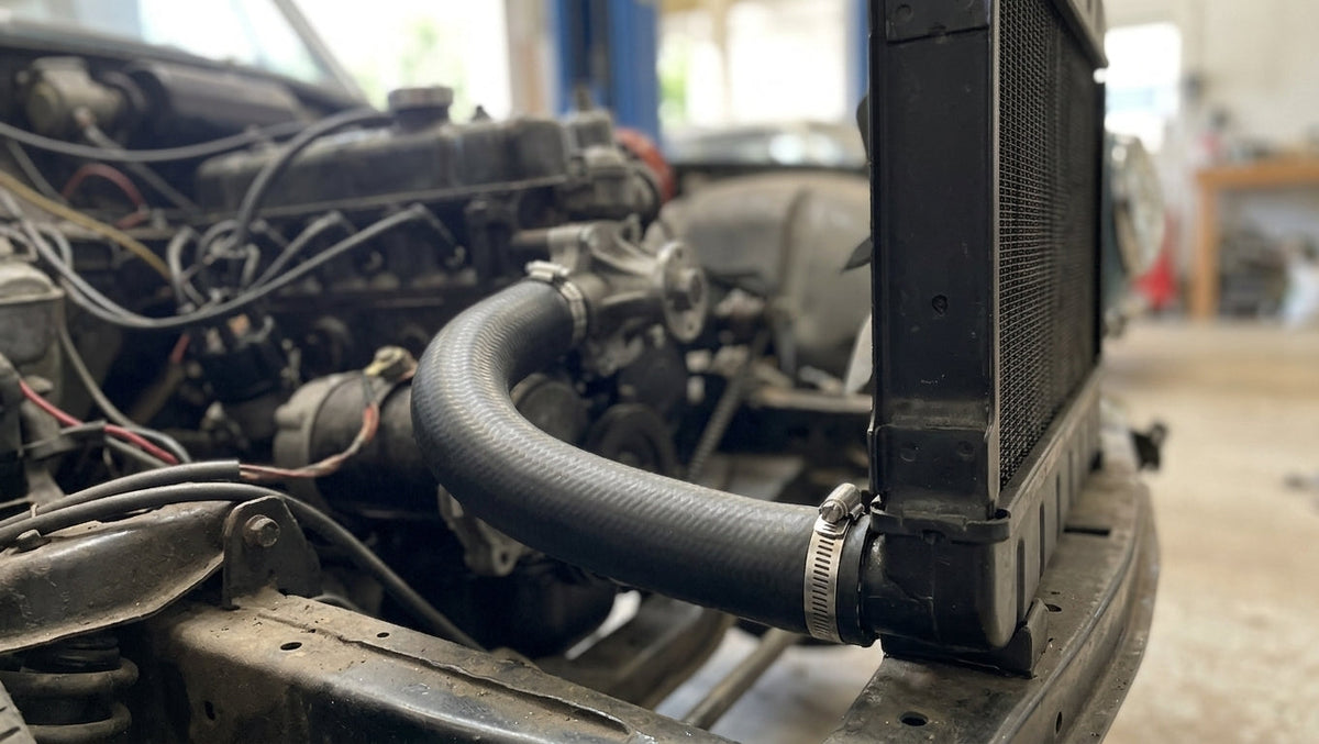 Black radiator hose connecting engine to radiator, fitted in a classic car engine bay