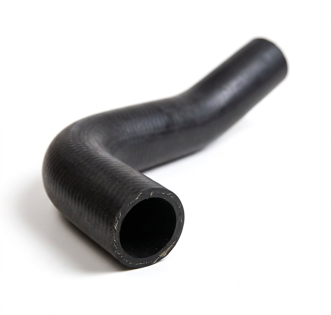 Curved black top radiator hose, studio shot with open end facing camera