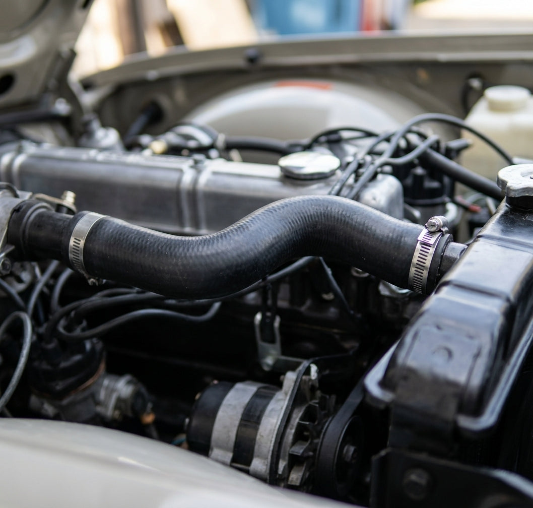 Top radiator hose fitted between engine and radiator on a Triumph TR5 or TR6