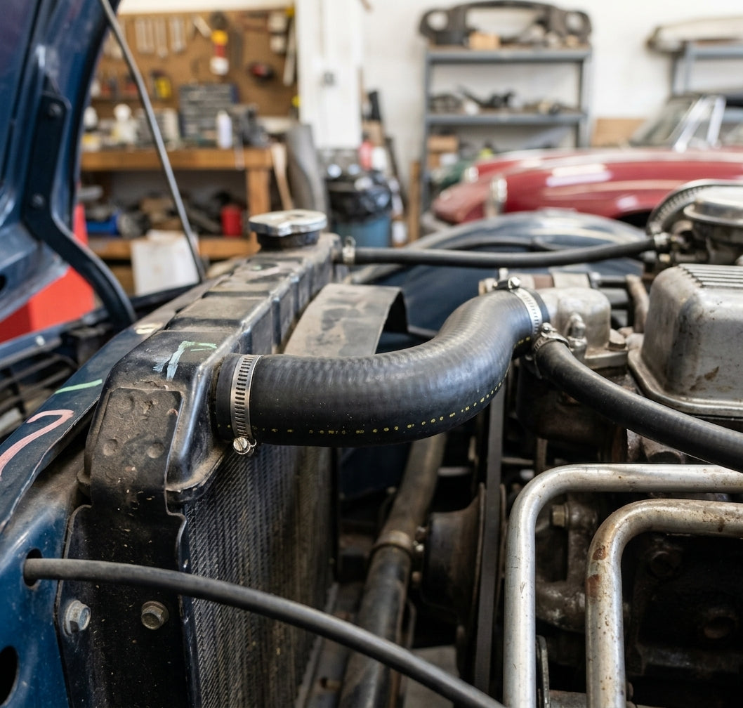 Short black hose clipped across the top of the radiator to the engine, red car and workbench behind