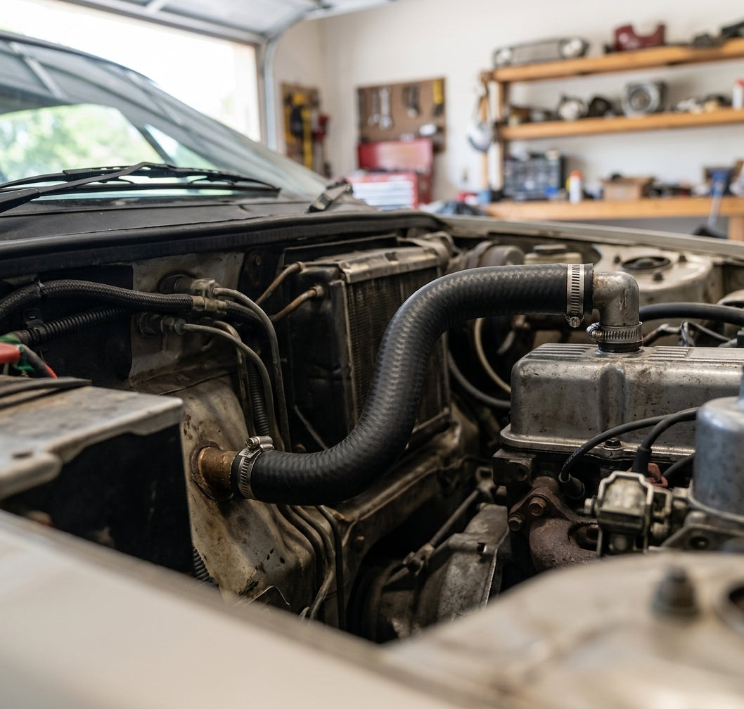 Heater hose fitted between radiator and engine on a Triumph TR7
