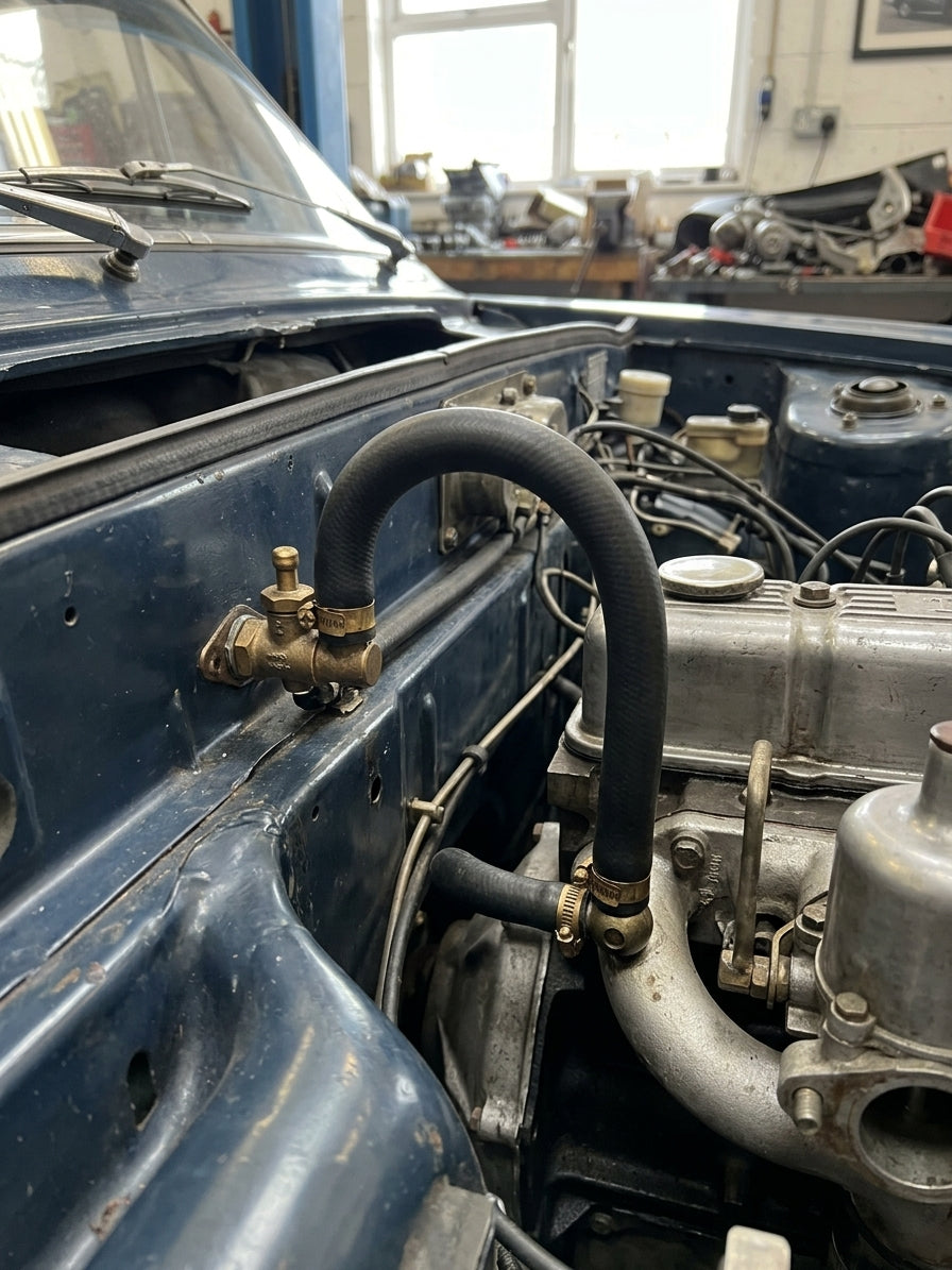 Black hose arching from a brass banjo union on the blue bulkhead down to the engine, clamped at both ends