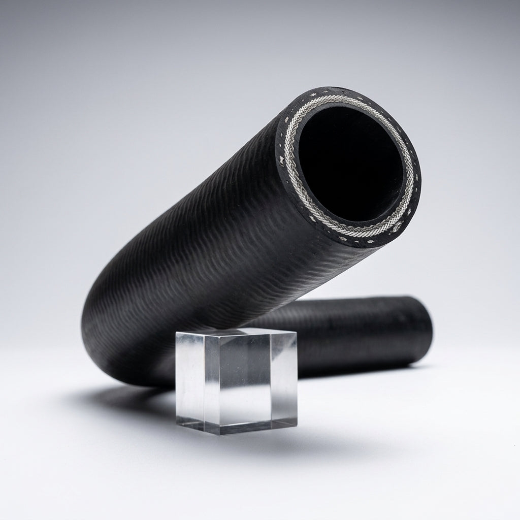 Two lengths of black braided radiator hose propped against a glass block, studio shot