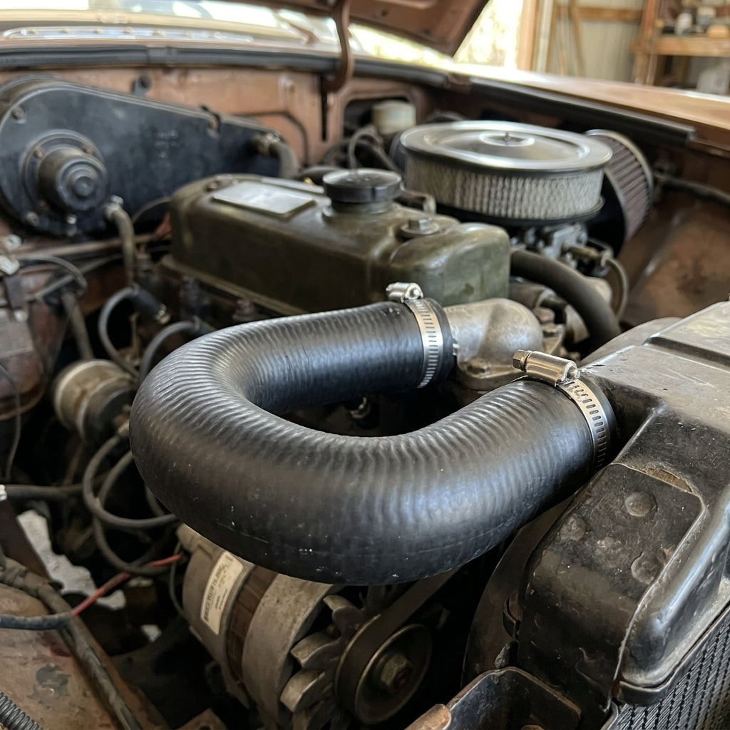 Black radiator hose looped between engine and radiator in a classic car engine bay