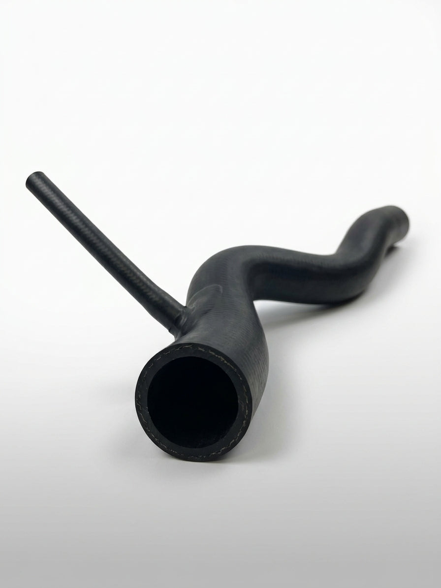 Black rubber radiator hose fitted in a classic car engine bay, hose clips visible