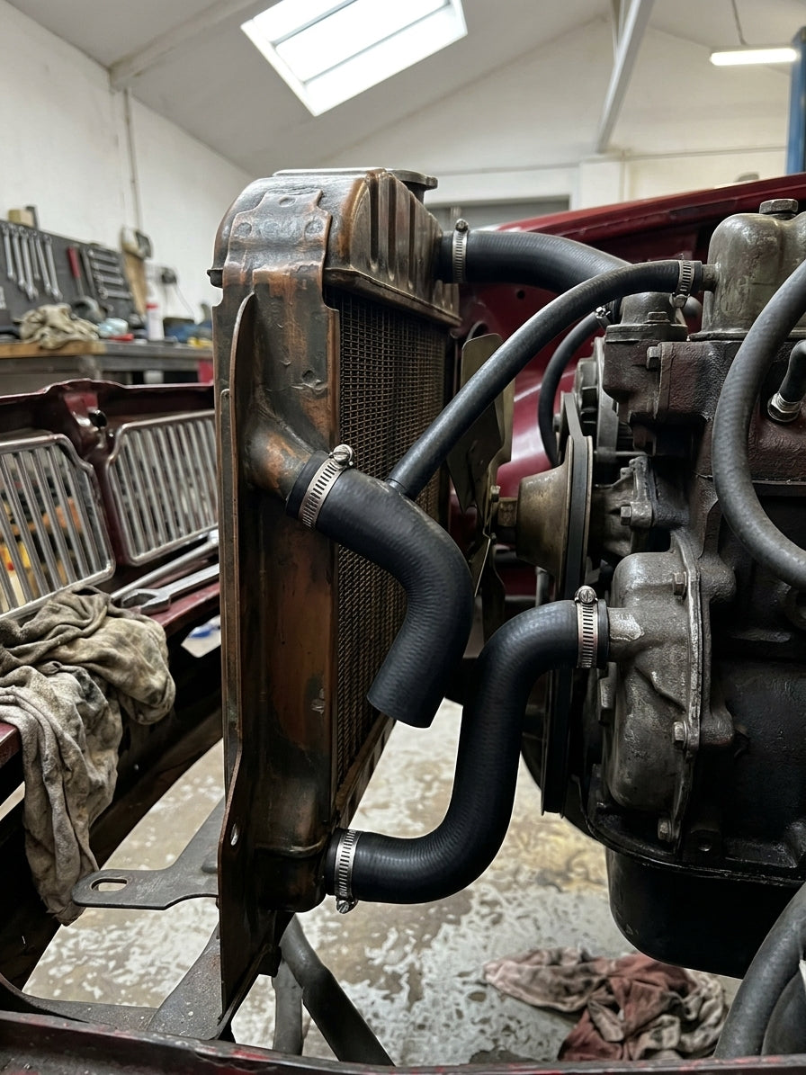 Black hoses clamped to a brass-cored radiator beside the engine of a maroon MGB, workshop bench behind