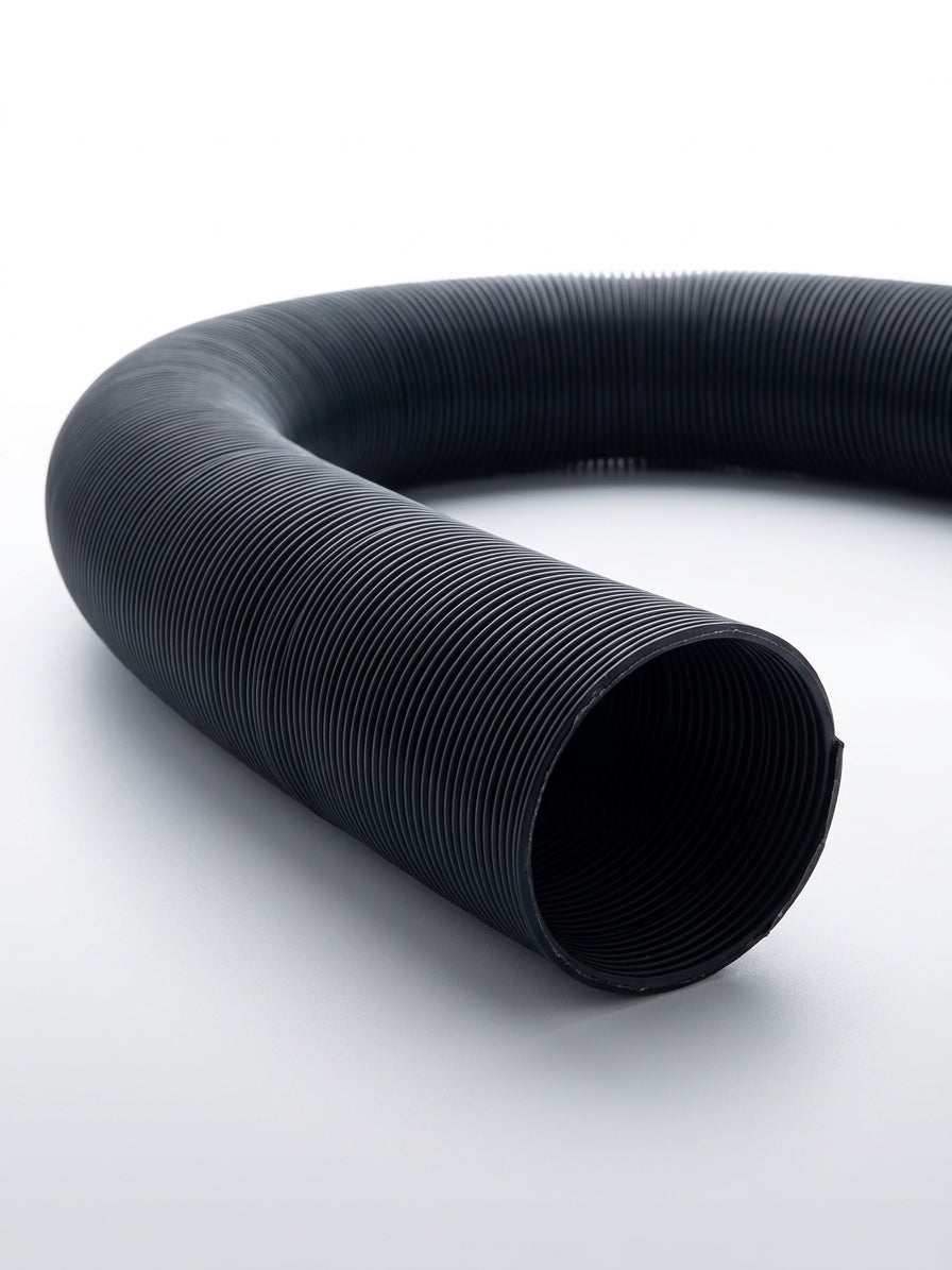 Black corrugated flexible hot air hose coiled into a ring, studio shot