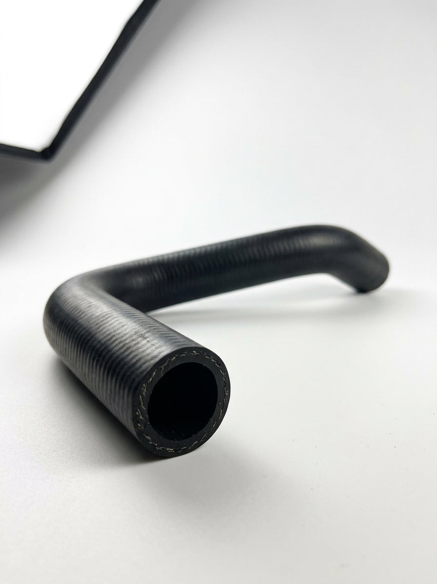 Textured black rubber hose with a right-angle bend, studio close-up