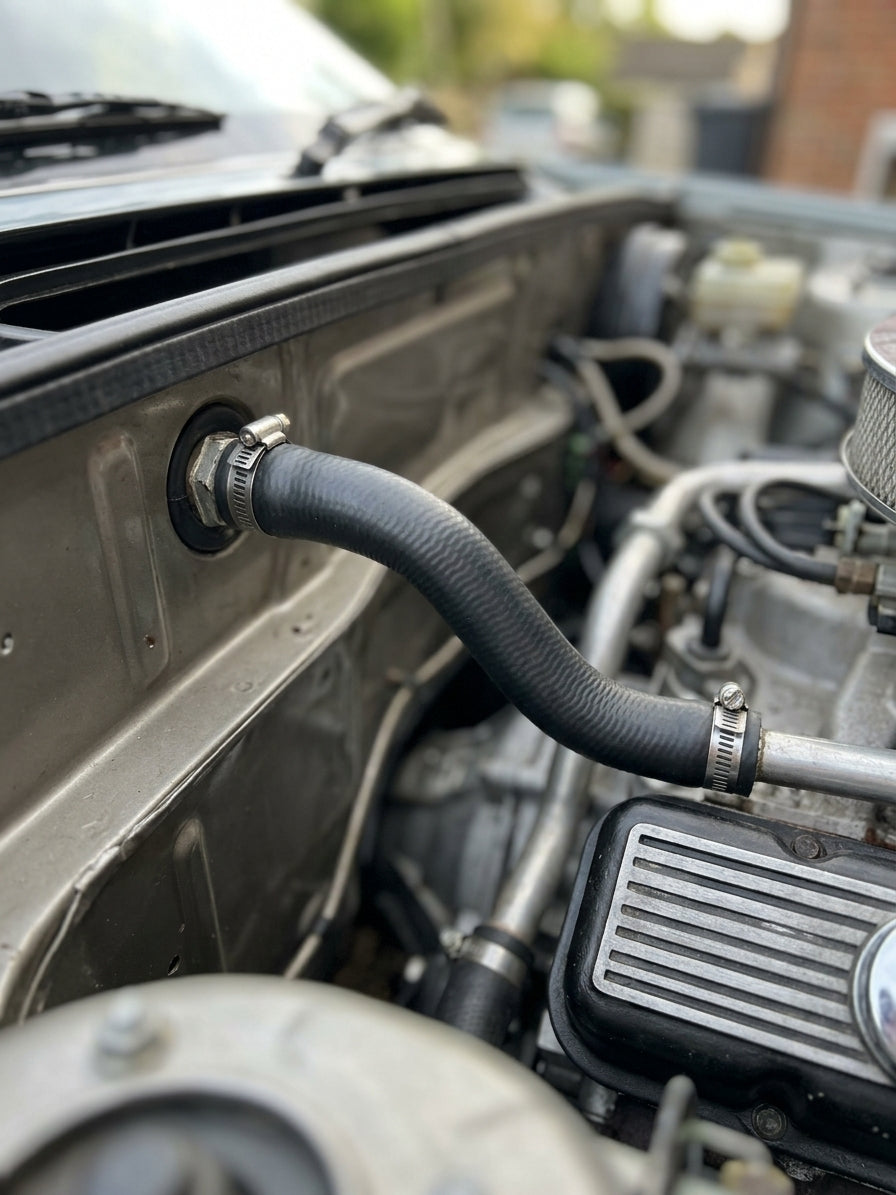 Black heater inlet hose from the bulkhead down to a finned alloy rocker cover, clamped at both ends, brick wall behind