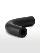 Black rubber fuel pipe elbow bent at right angle, studio shot on white