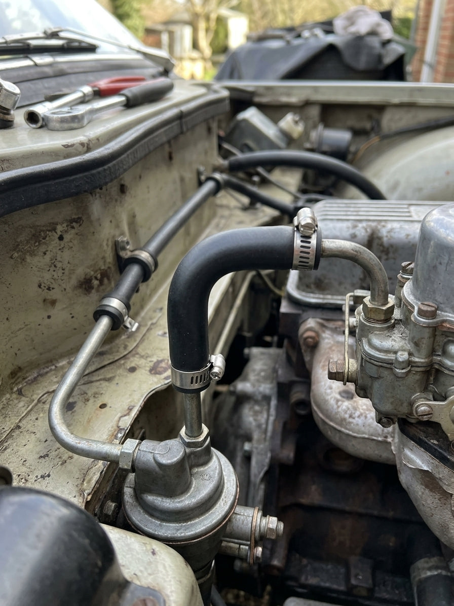 Black fuel pipe elbow fitted near the carburettors in an engine bay
