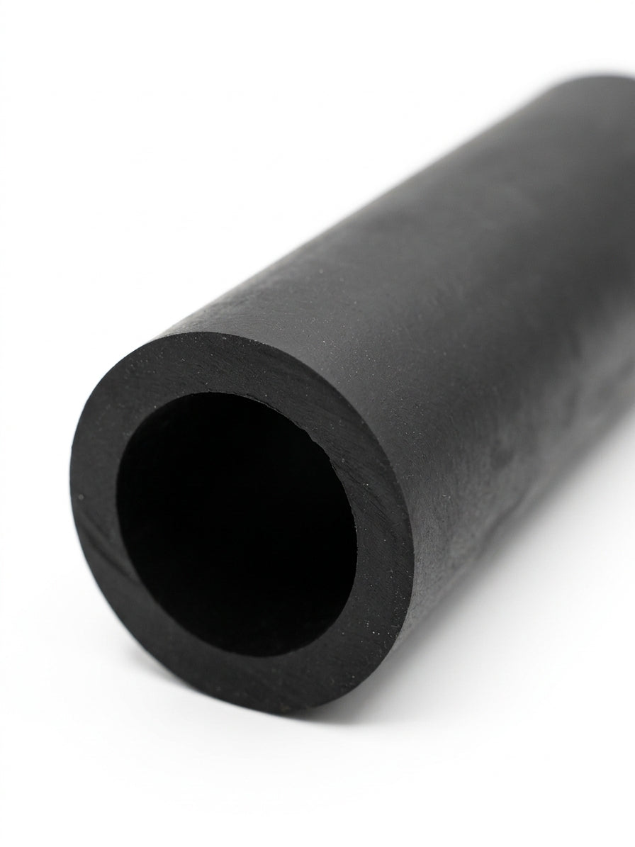 Close-up end view of a black rubber hose connector showing its bore, studio shot