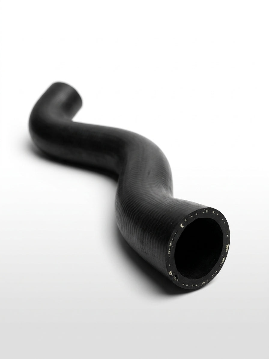 S-shaped black rubber radiator hose on white background, studio shot