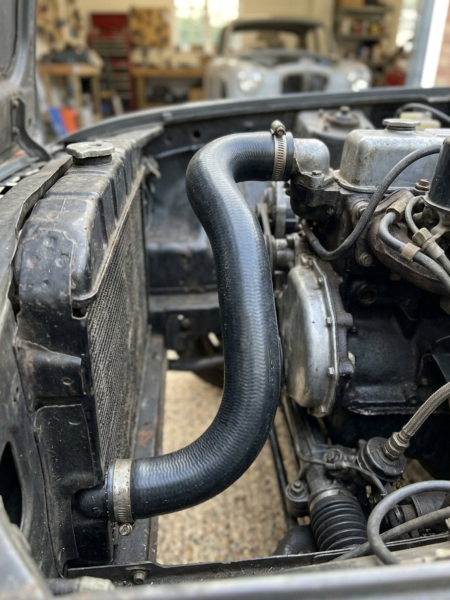 Black bottom hose curving down beside the radiator to the water pump, a saloon parked behind in the workshop