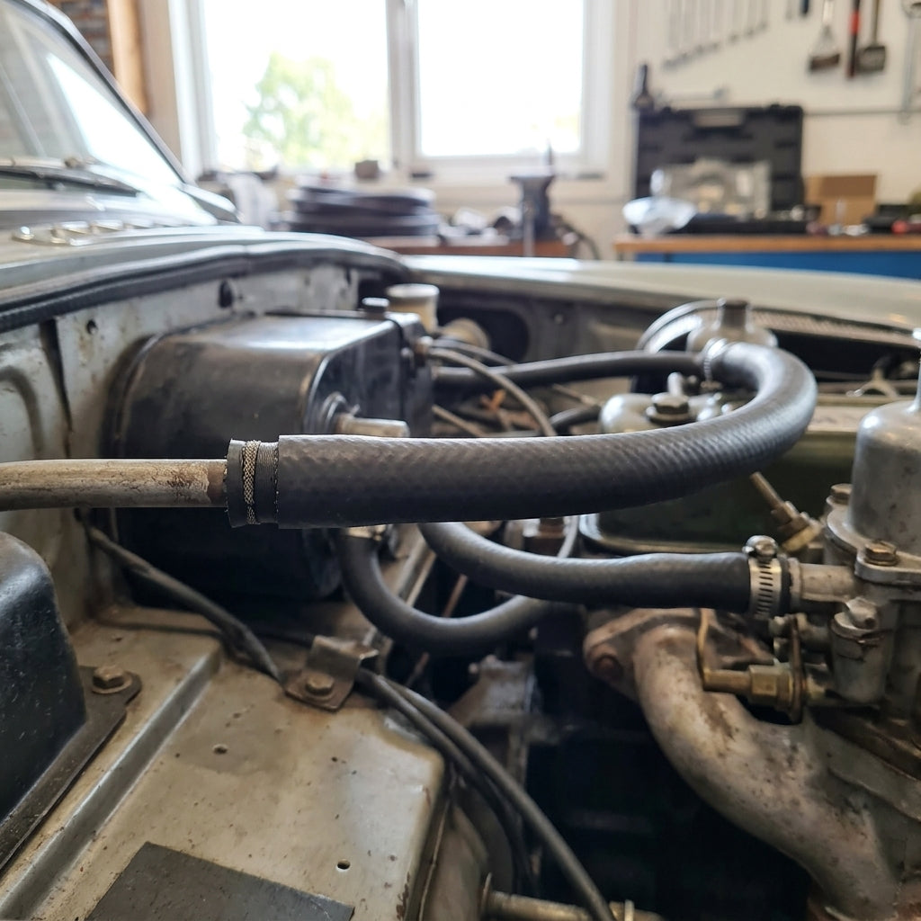 Black textile-finish fuel hose looped across twin carburettors in a stripped classic car engine bay