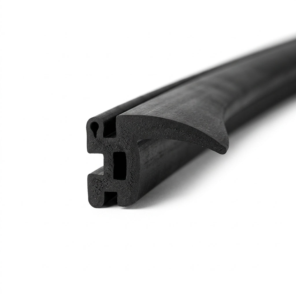 Black T-section rubber seal shown at an angle, slotted side channels visible