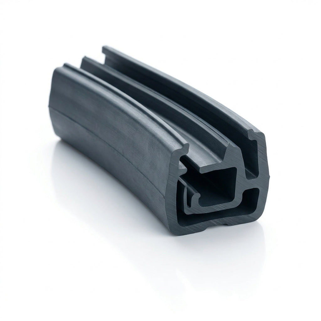Curved black rubber seal extrusion with ribbed grooves, studio shot