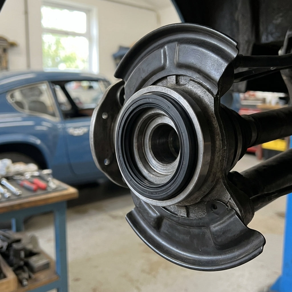 Black seal fitted around a rear hub assembly, blue classic car in background