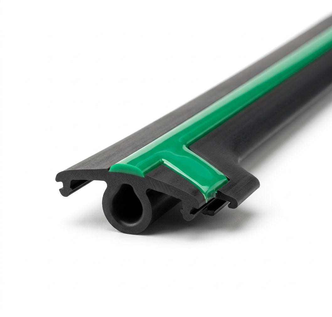 Green bumper trim extrusion profile end-on, black rubber base, white background